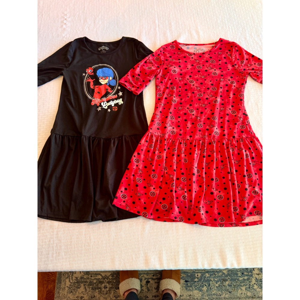 Miraculous Ladybug Girls Dress Set 10/12 Black Graphic Red Polka Dot Tikki 2pc